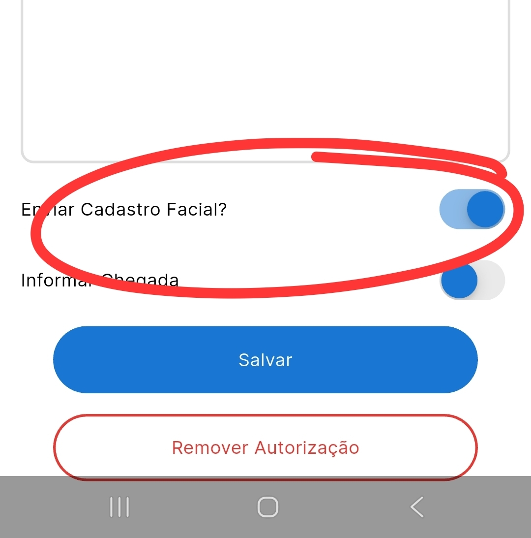 Tela do app mostrando a opção 'Enviar Cadastro Facial?' ativada